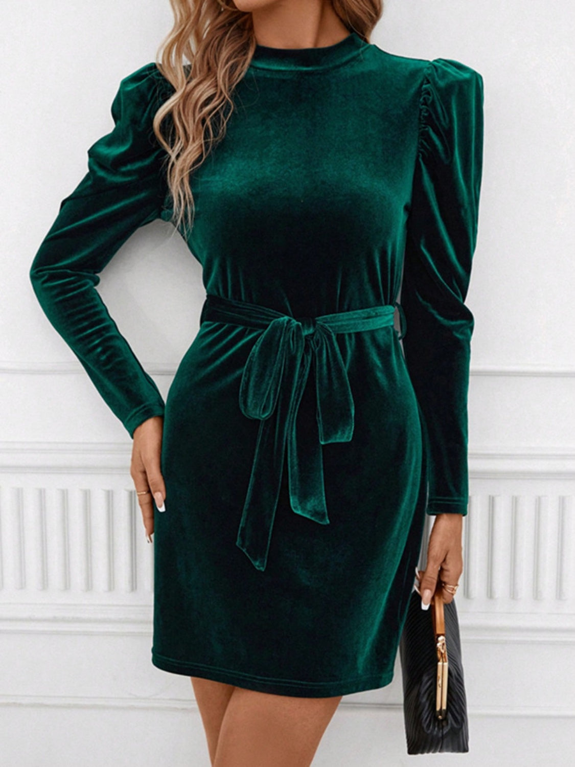 Timeless Noemí Mini Dress with Stand Up Collar, Tie Waist and Puff Sleeves Premium Wardrobe Essential