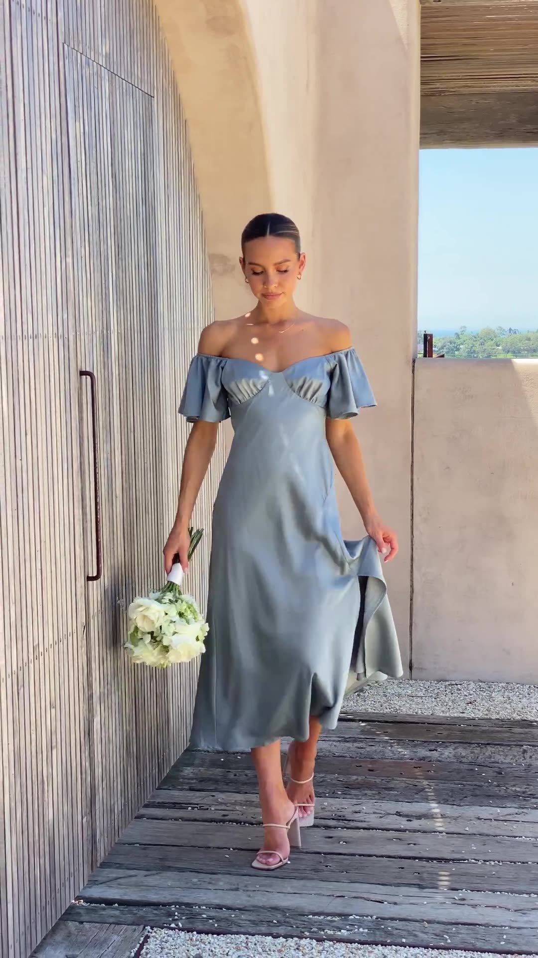 Split Side Midi Dress: Off The Shoulder Flutter Sleeve