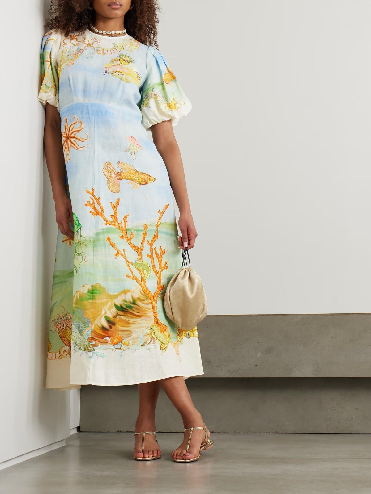 Printed Gathered Linen Gauze Midi Dress