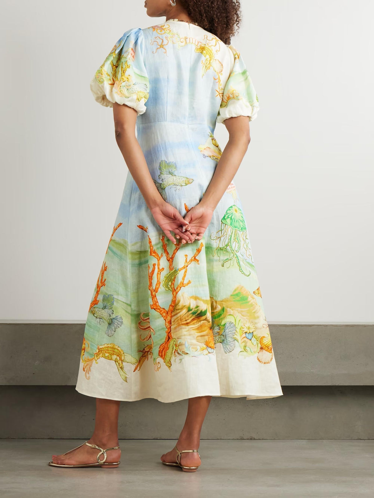 Printed Gathered Linen Gauze Midi Dress