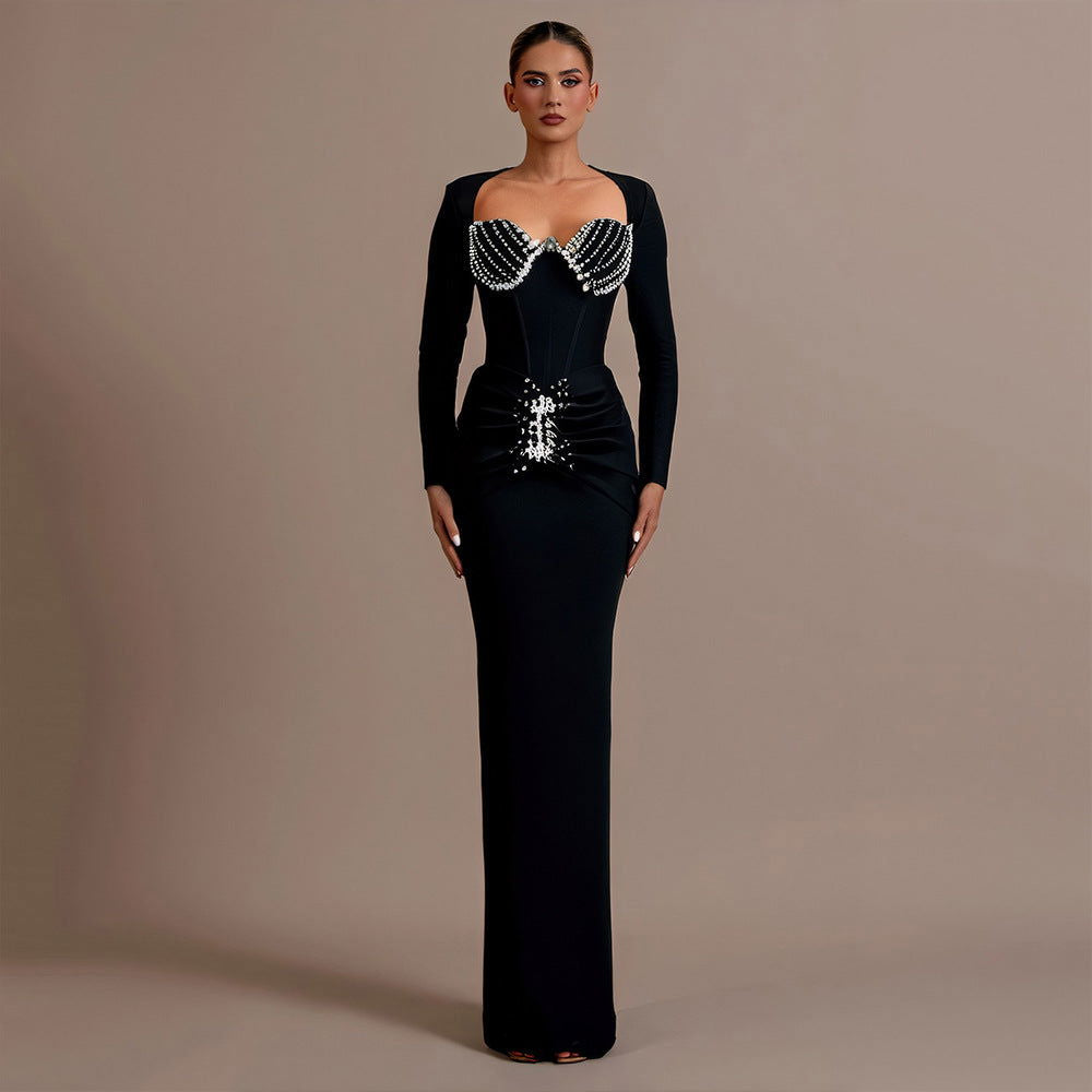 Affordable Luxury Socialite Drilling Bandage One Piece Dress Slim Fit Graceful Formal Dress