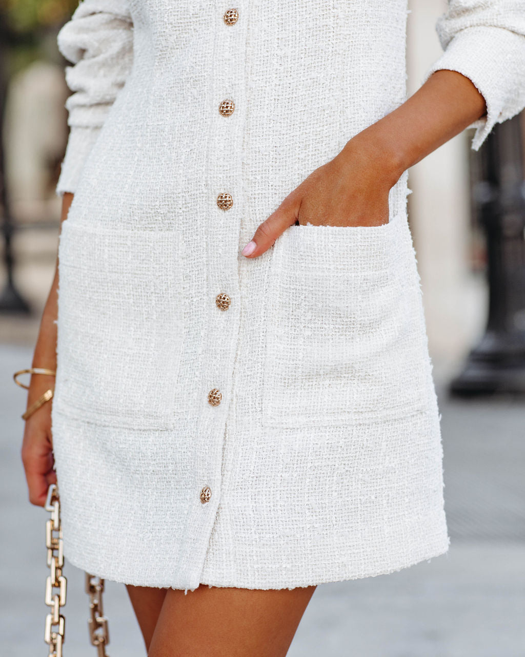 Pocketed Alexandria Button Down Tweed Dress Ivory