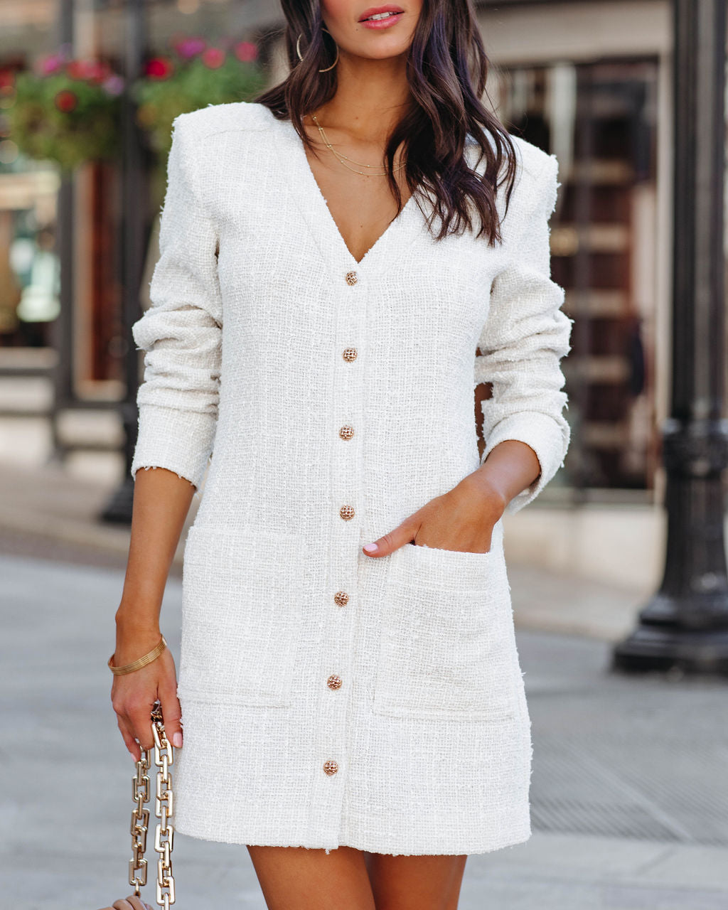 Pocketed Alexandria Button Down Tweed Dress Ivory
