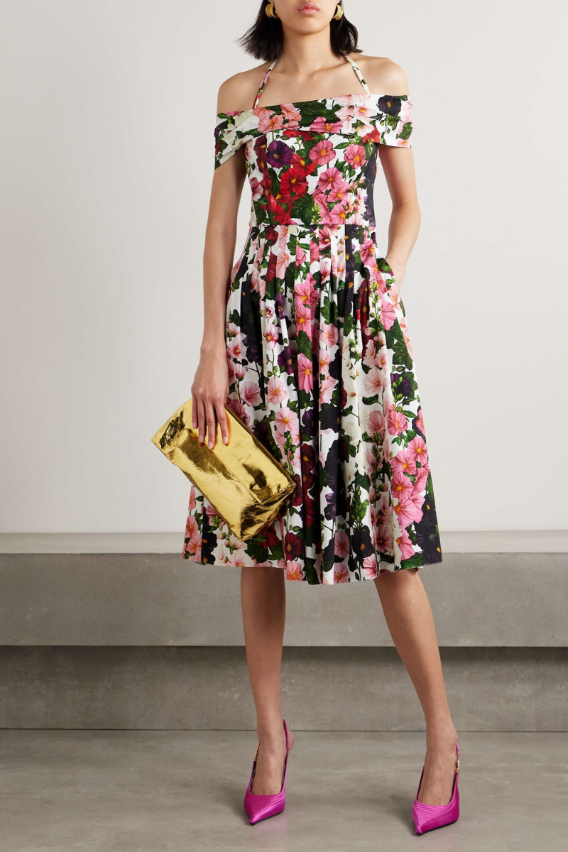 Rosa Timeless Off the Shoulder Flower Midi Dress Boutique Collection