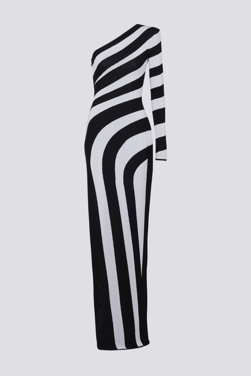 Isabel Exclusive One Shoulder Slit, Asymmetric Striped Maxi Dress Signature Edit