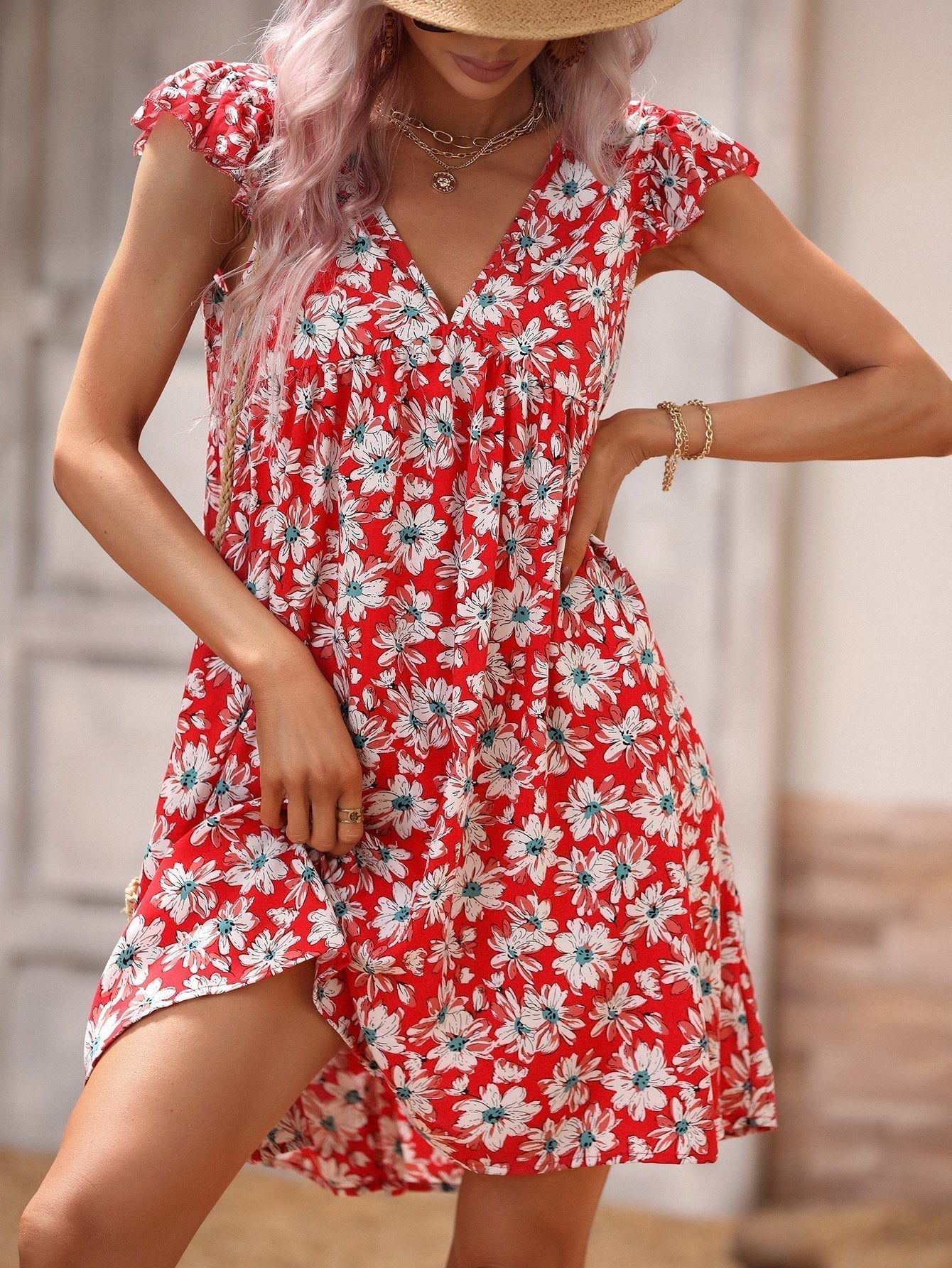 Print Allover V Neck Smocked Flare Dress