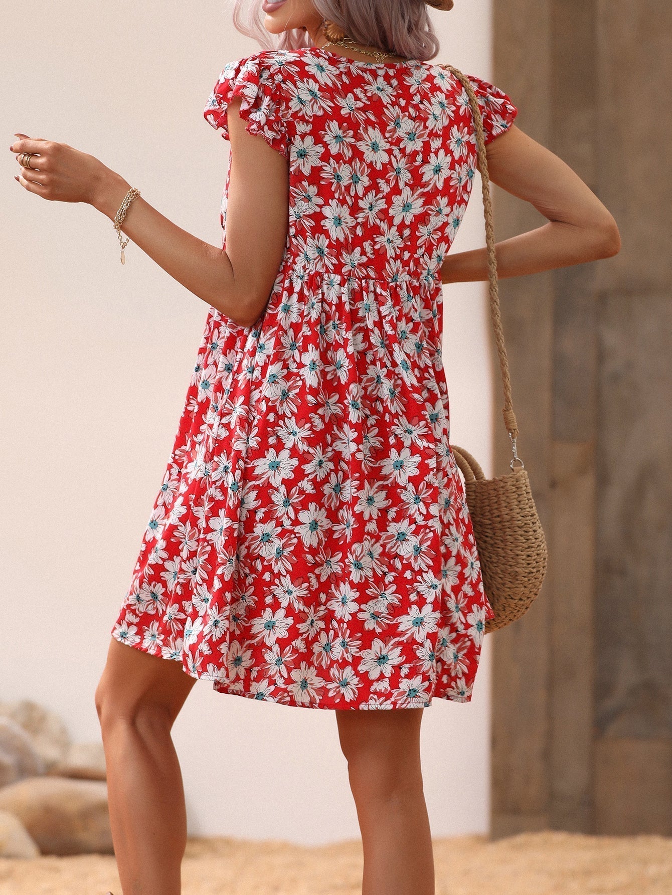 Print Allover V Neck Smocked Flare Dress