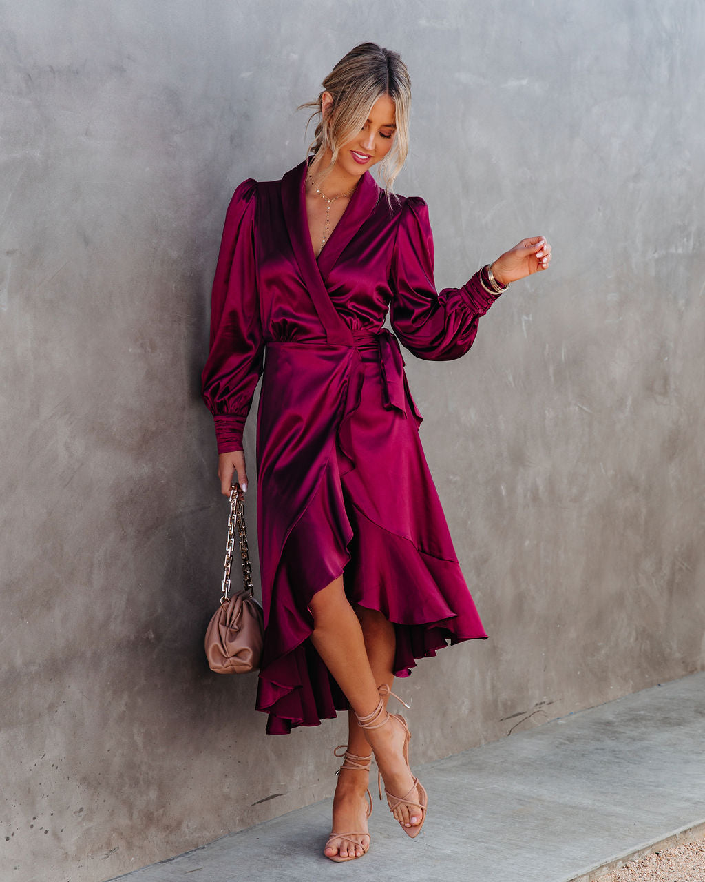 Satin Anniversary Wrap Midi Dress Merlot FINAL