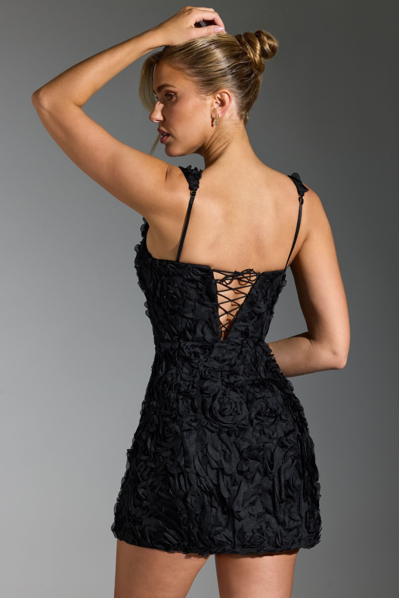 Marta Boutique Flower Lace Up Square Neck Mini Dress in Black Premium Wardrobe Essential