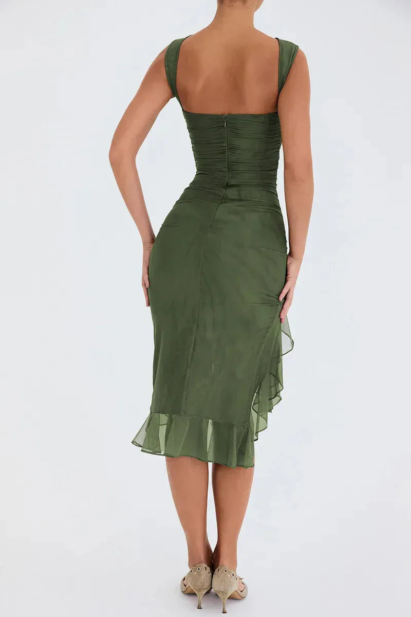 Ruffled Asymmetric Mesh Mini Dress