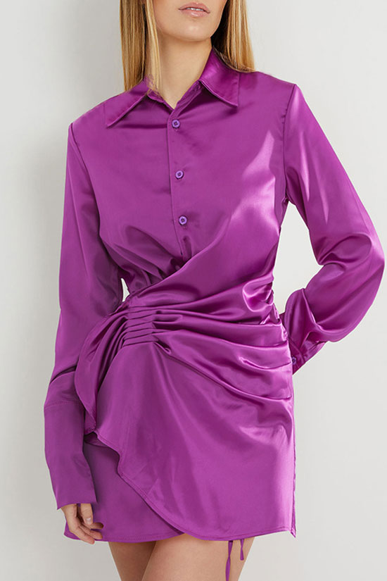 Long Asymmetric Sleeve Ruffle Ruched Satin Shirt Mini Dress - Fuchsia