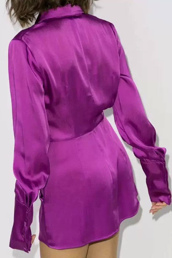 Long Asymmetric Sleeve Ruffle Ruched Satin Shirt Mini Dress - Fuchsia