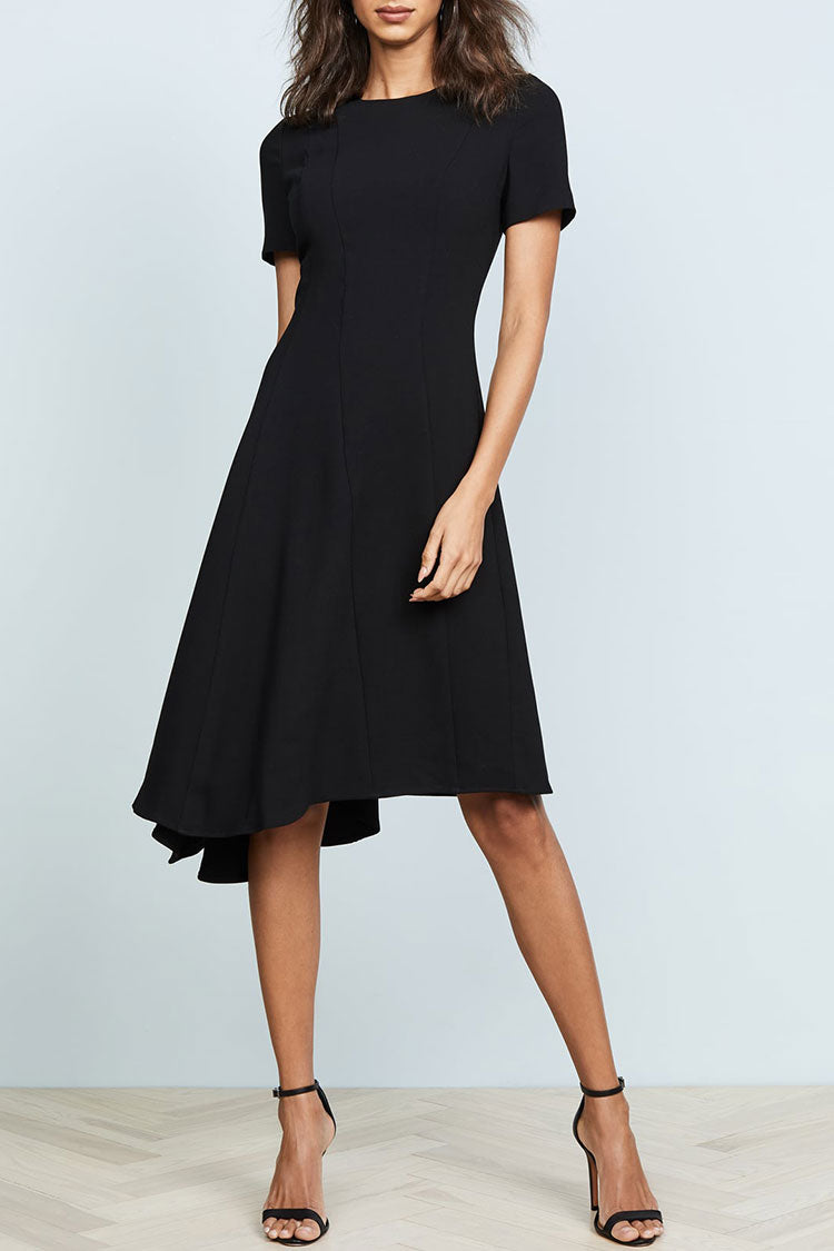 Crew Asymmetrical Neck Short Sleeve Fit & Flare Skater Midi Dress - Black