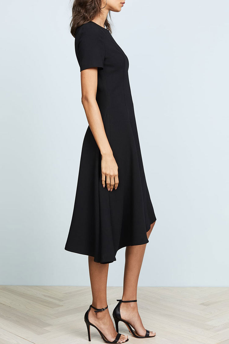Crew Asymmetrical Neck Short Sleeve Fit & Flare Skater Midi Dress - Black