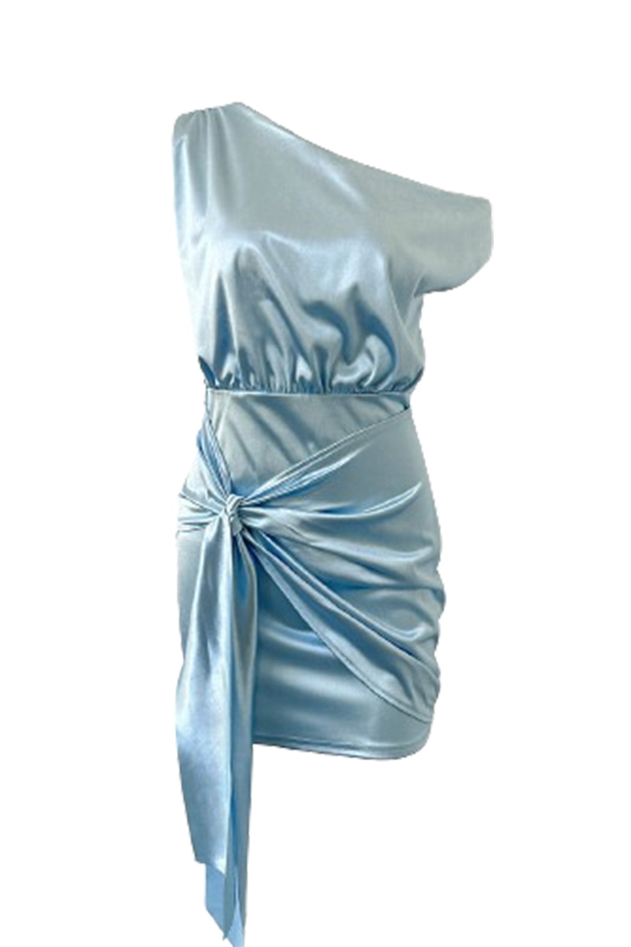 Neck Asymmetrical Ruched Ribbon Mini Dress