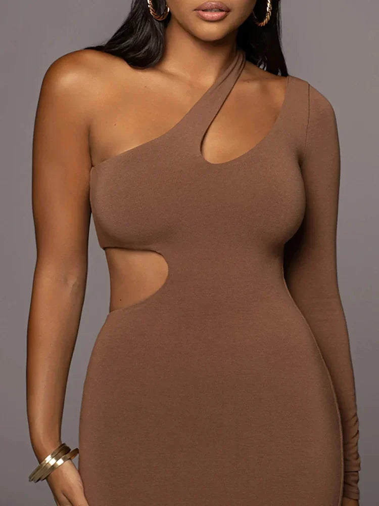 Color Solid One Shoulder Hollow Out Midi Dress Cut Out Dresses