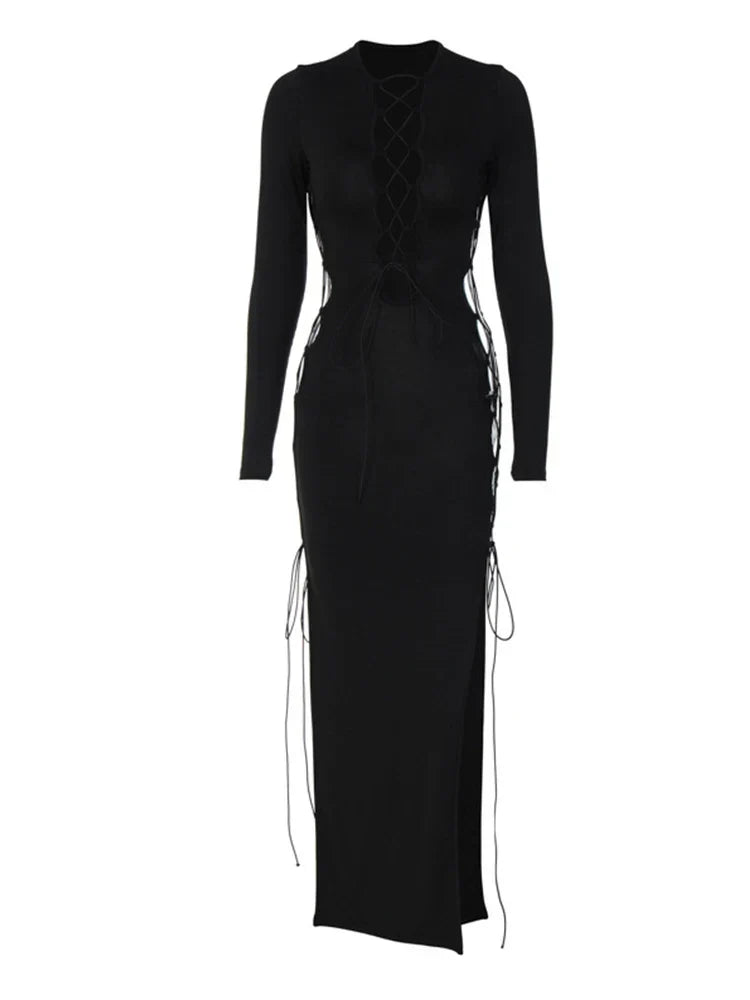 Y2K Autumn Hollow Out ONeck Side Slit Club Streetwear Midi Dresses