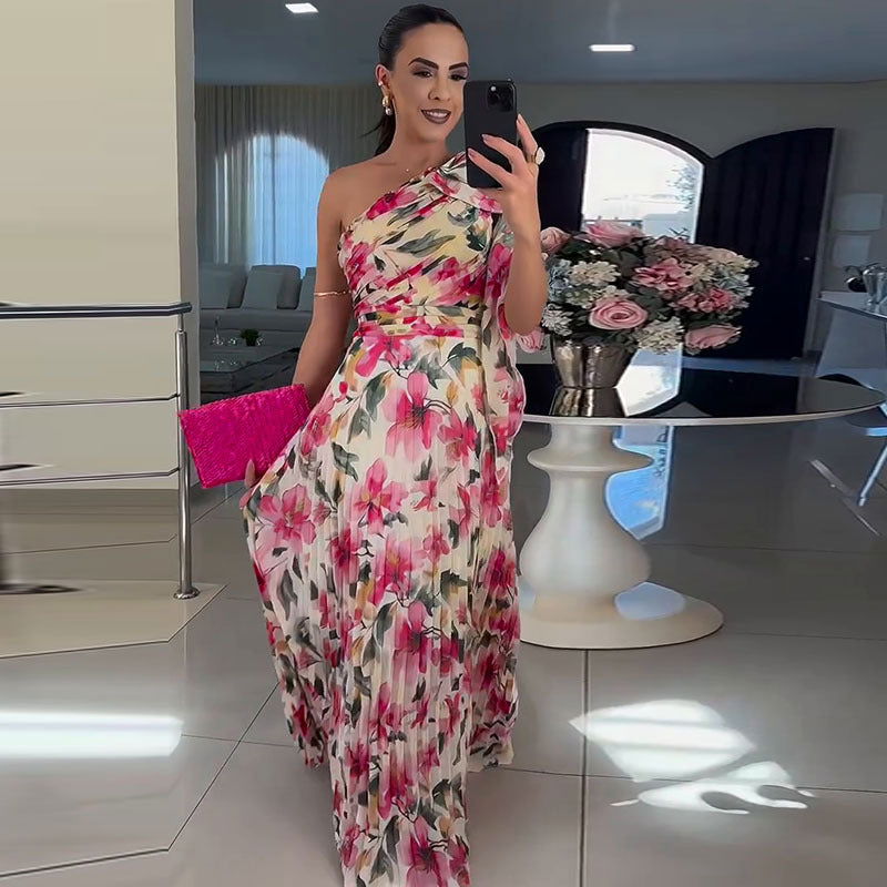 Popular Graceful Floral off Shoulder Folding Elegant Printed Dress