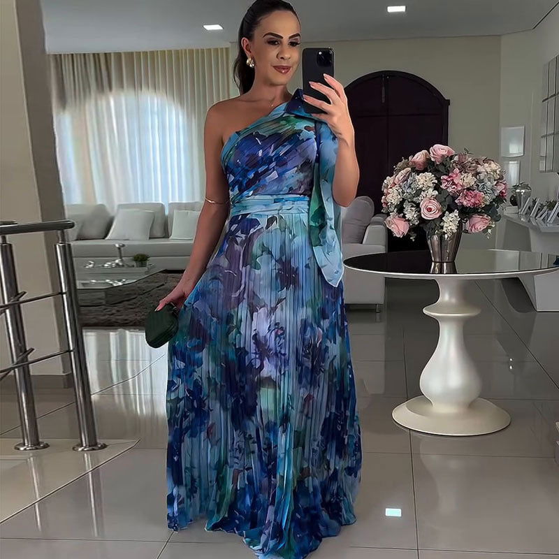 Popular Graceful Floral off Shoulder Folding Elegant Printed Dress