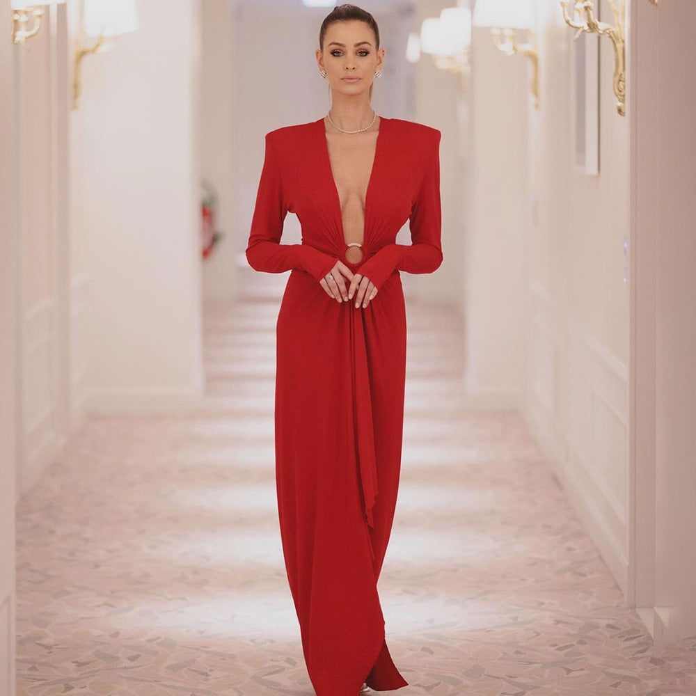 Long Black Sleeve Ring V neck Dress White Red Christmas Dress