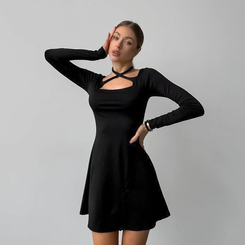 Slim Black Fit Slimming Knitted Square Collar Design Lace up Dress Office Split