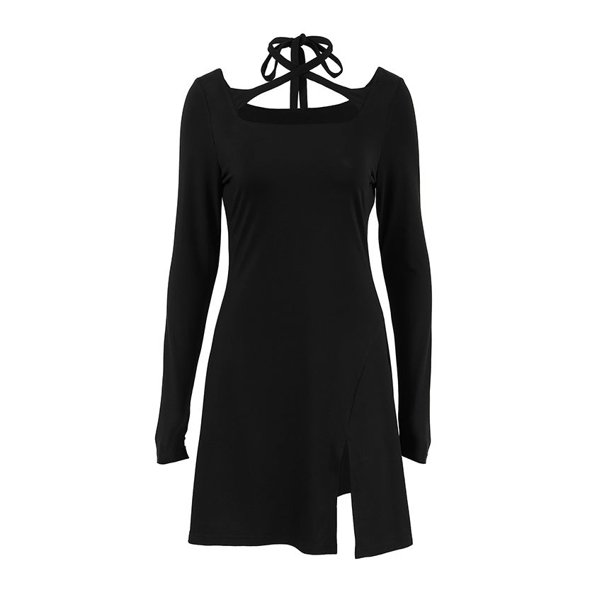 Slim Black Fit Slimming Knitted Square Collar Design Lace up Dress Office Split