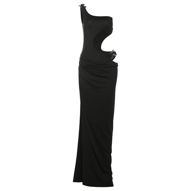 Out Hollow Cutout Slim Fit Maxi Dress Solid Color Split Tube Top Package Hip Dress