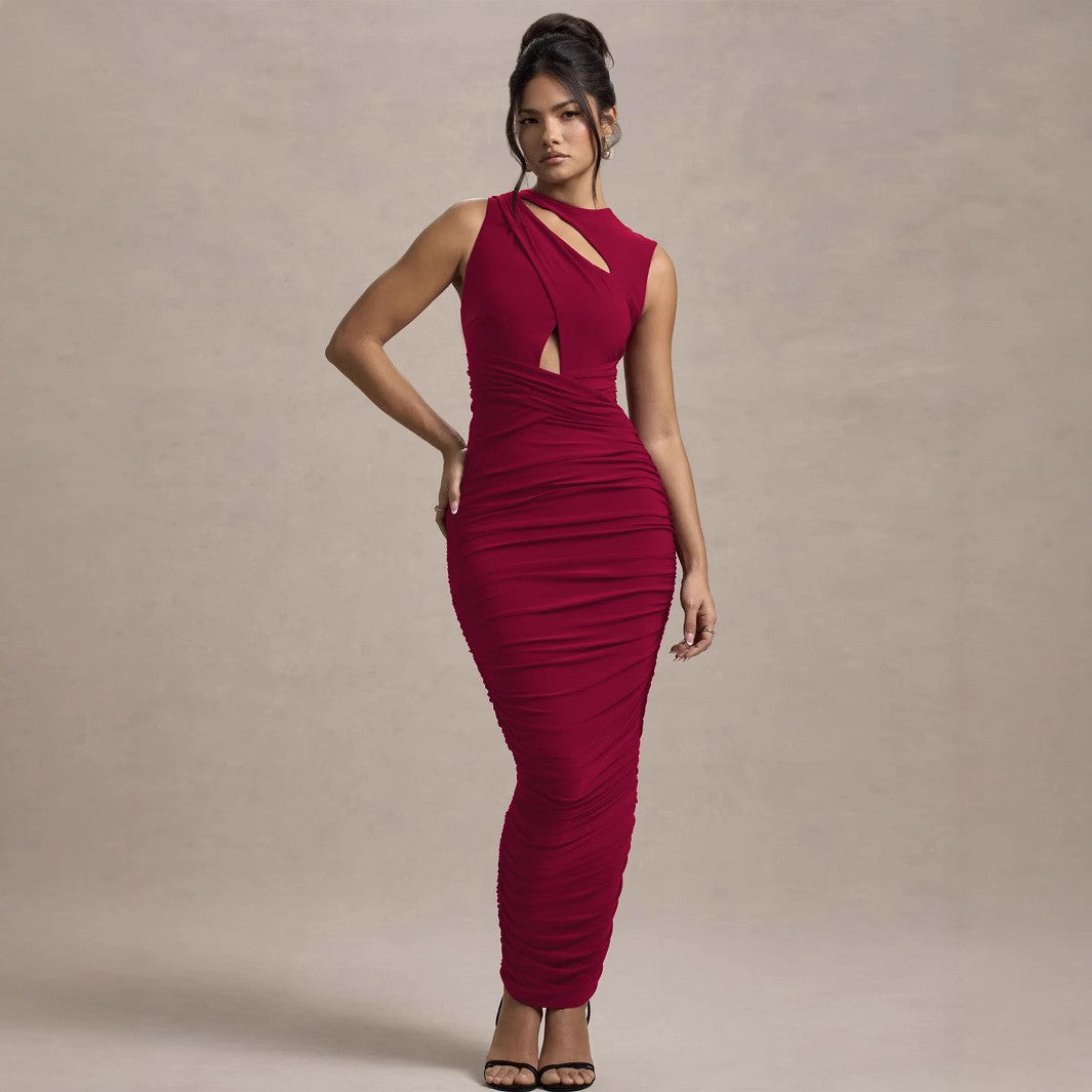 Graceful Pleated Slim Sleeveless round Neck Sheath Dress