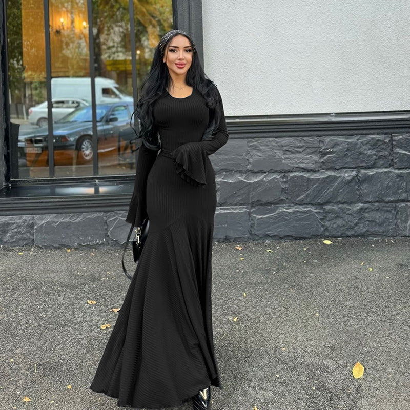 round Neck Waist Trimming Flared Long Sleeve Dress Graceful Fishtail Solid Color Dress