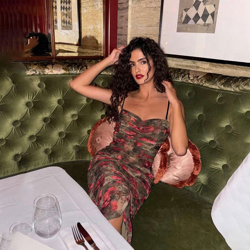 Backless Retro Pleated Suspender Printing Dress