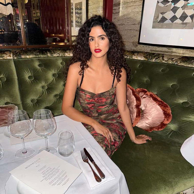 Backless Retro Pleated Suspender Printing Dress