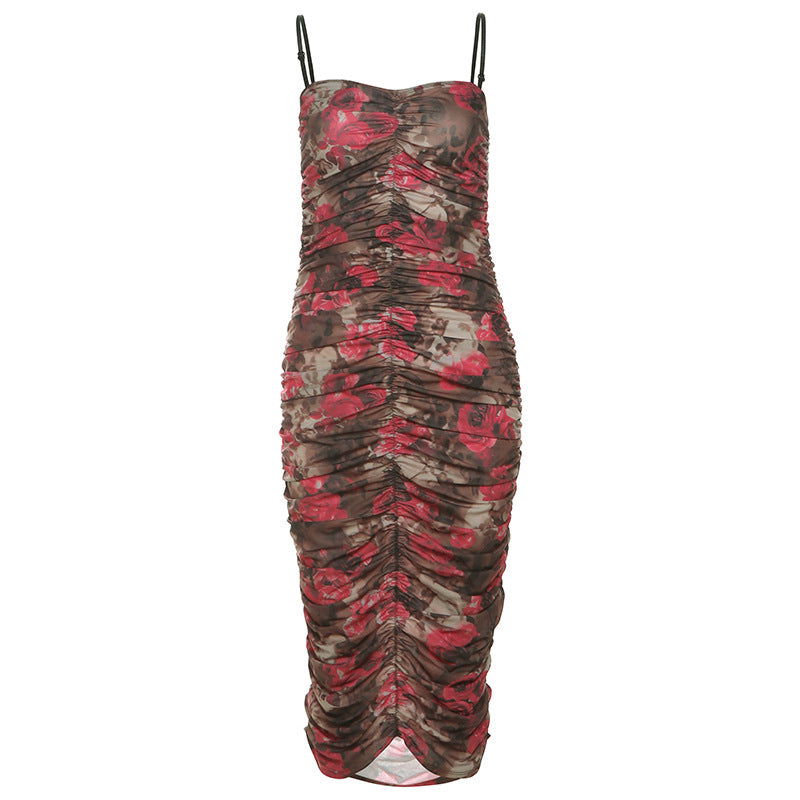 Backless Retro Pleated Suspender Printing Dress