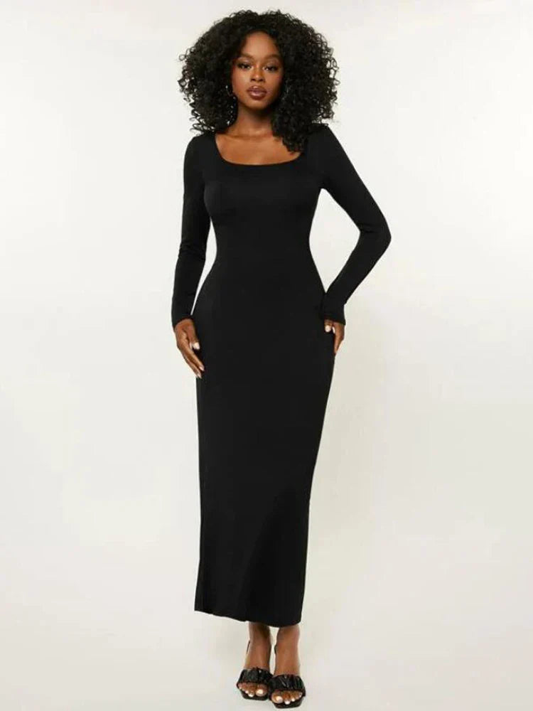 Solid Basics Long Sleeve Bodycon Maxi women Midi Dresses