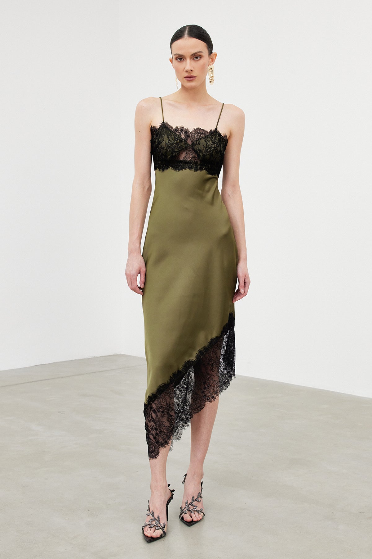 Spaghetti Bess Lace Asymmetric Midi Dress