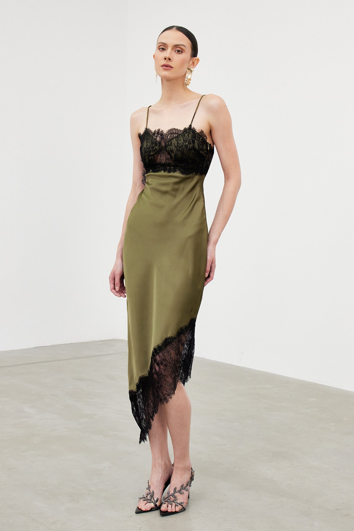 Spaghetti Bess Lace Asymmetric Midi Dress
