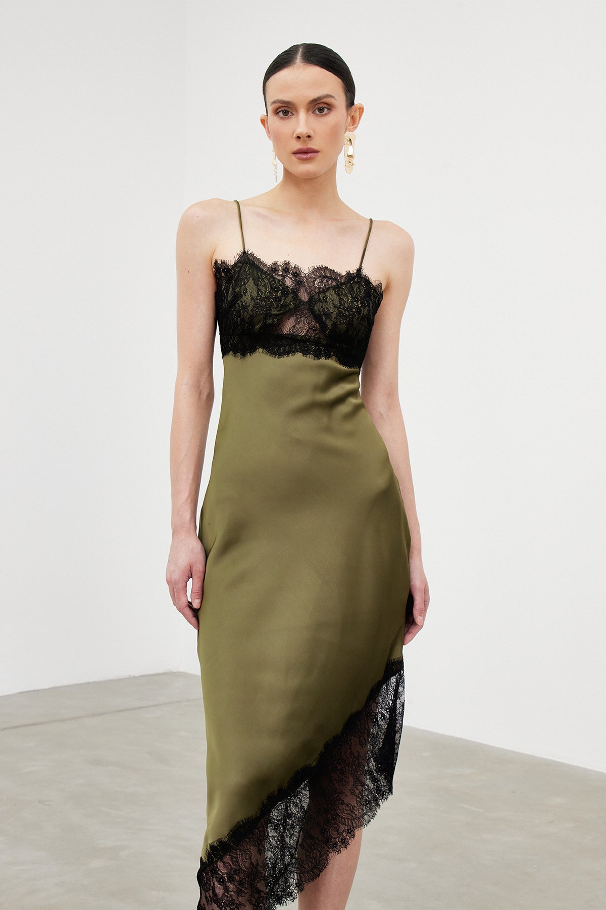 Spaghetti Bess Lace Asymmetric Midi Dress