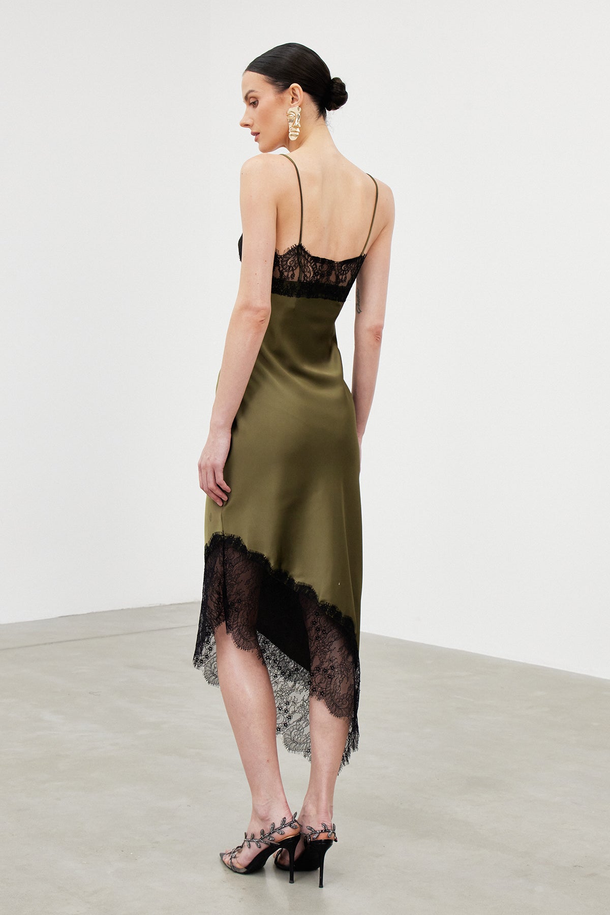 Spaghetti Bess Lace Asymmetric Midi Dress