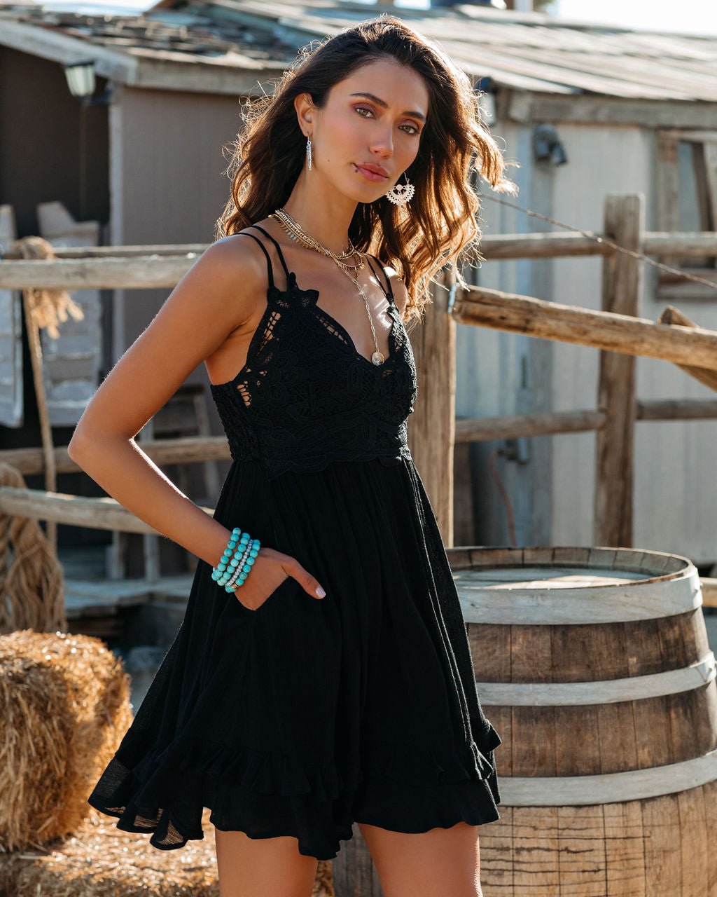 My Of Love Pocketed Lace Ruffle Dress Black