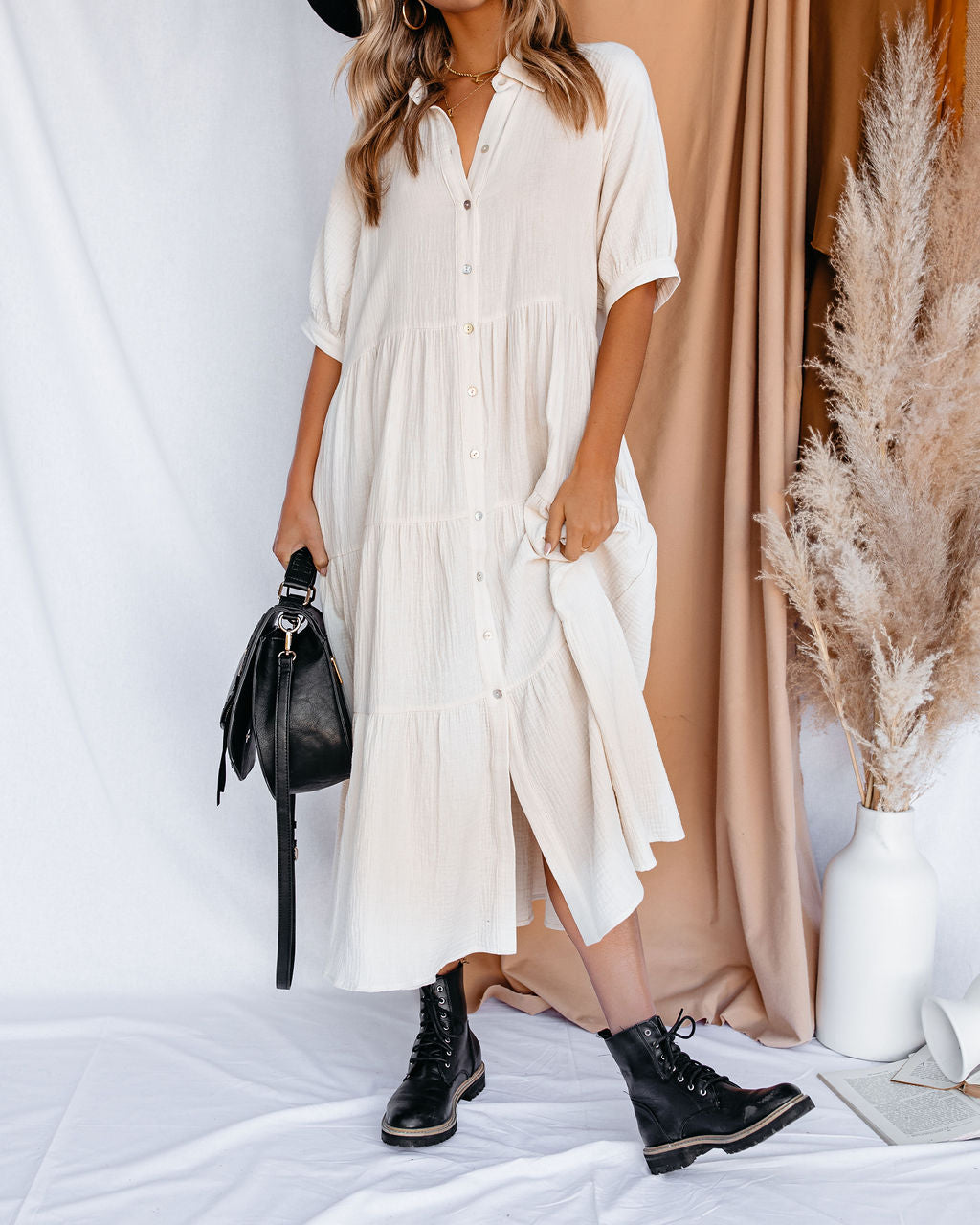 Cotton Binx Pocketed Button Down Midi Dress Ivory