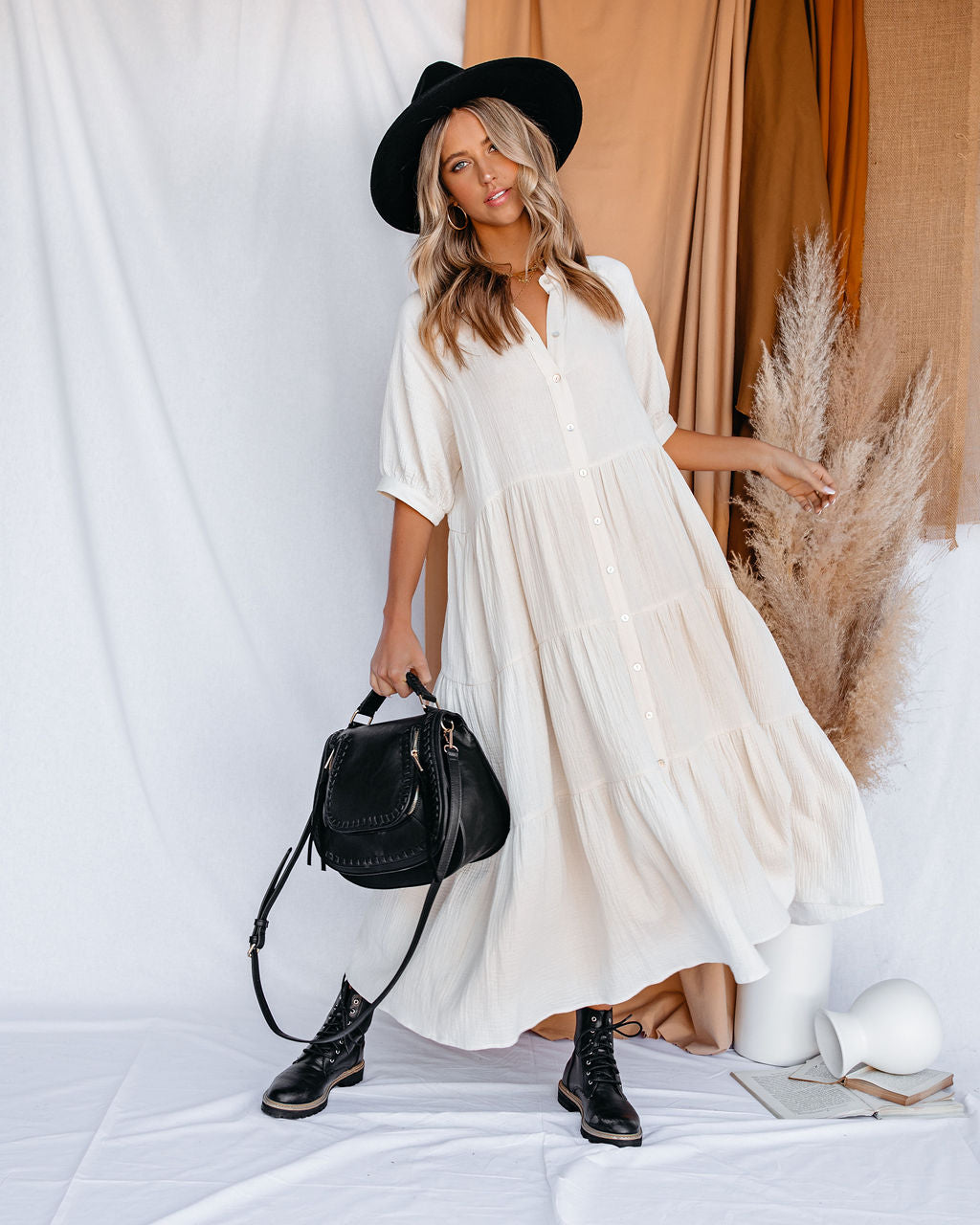 Cotton Binx Pocketed Button Down Midi Dress Ivory