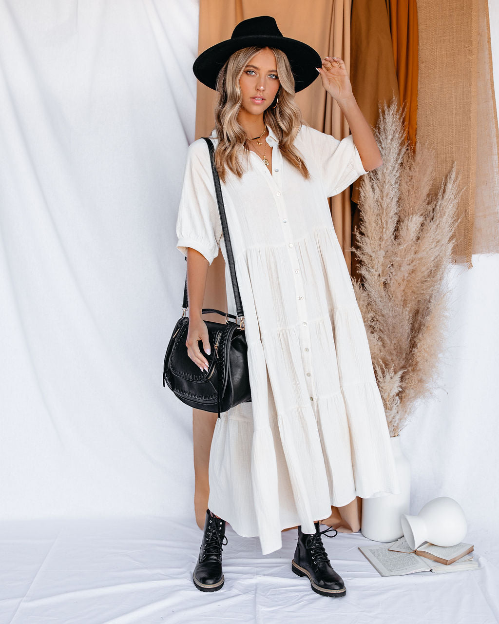 Cotton Binx Pocketed Button Down Midi Dress Ivory