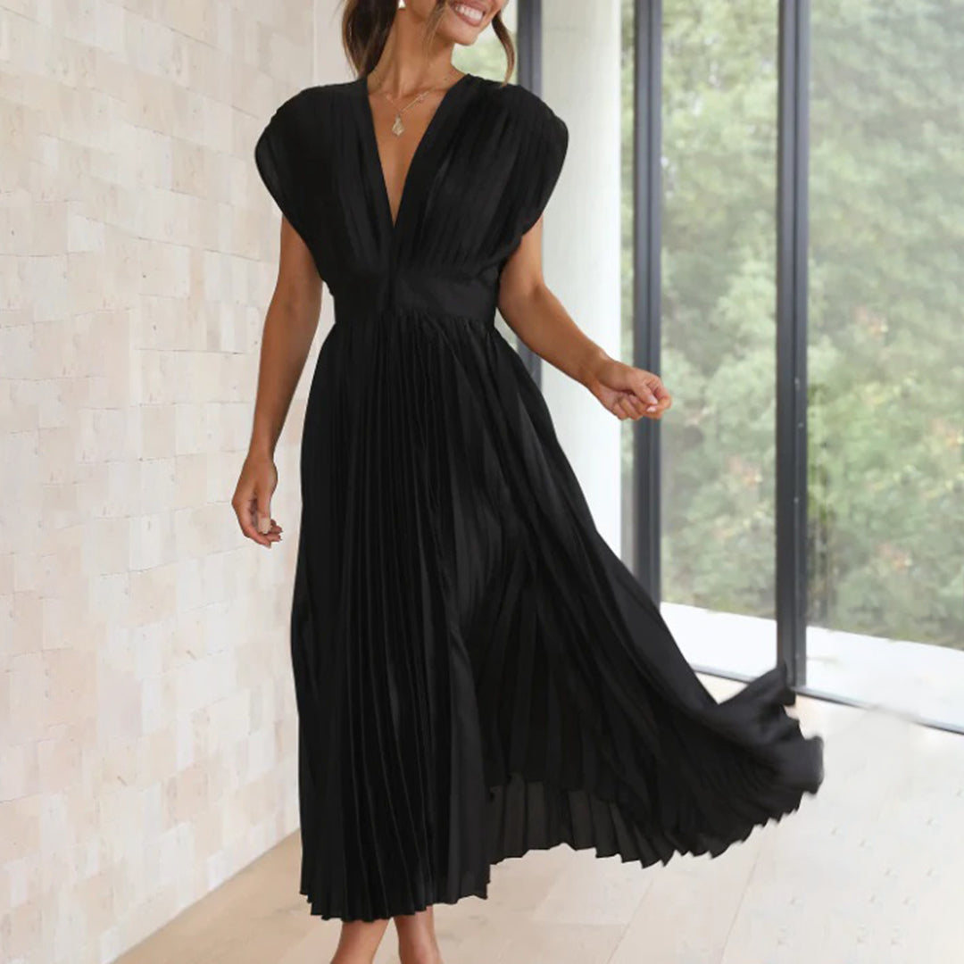 Mertxe Refined V-neck Pleated Maxi Dress for Women Sophisticated Look