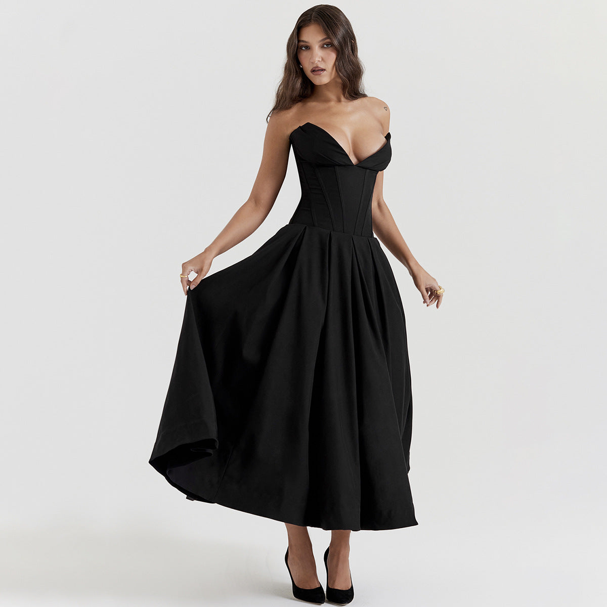 Plunge Black Corset Midi Dress