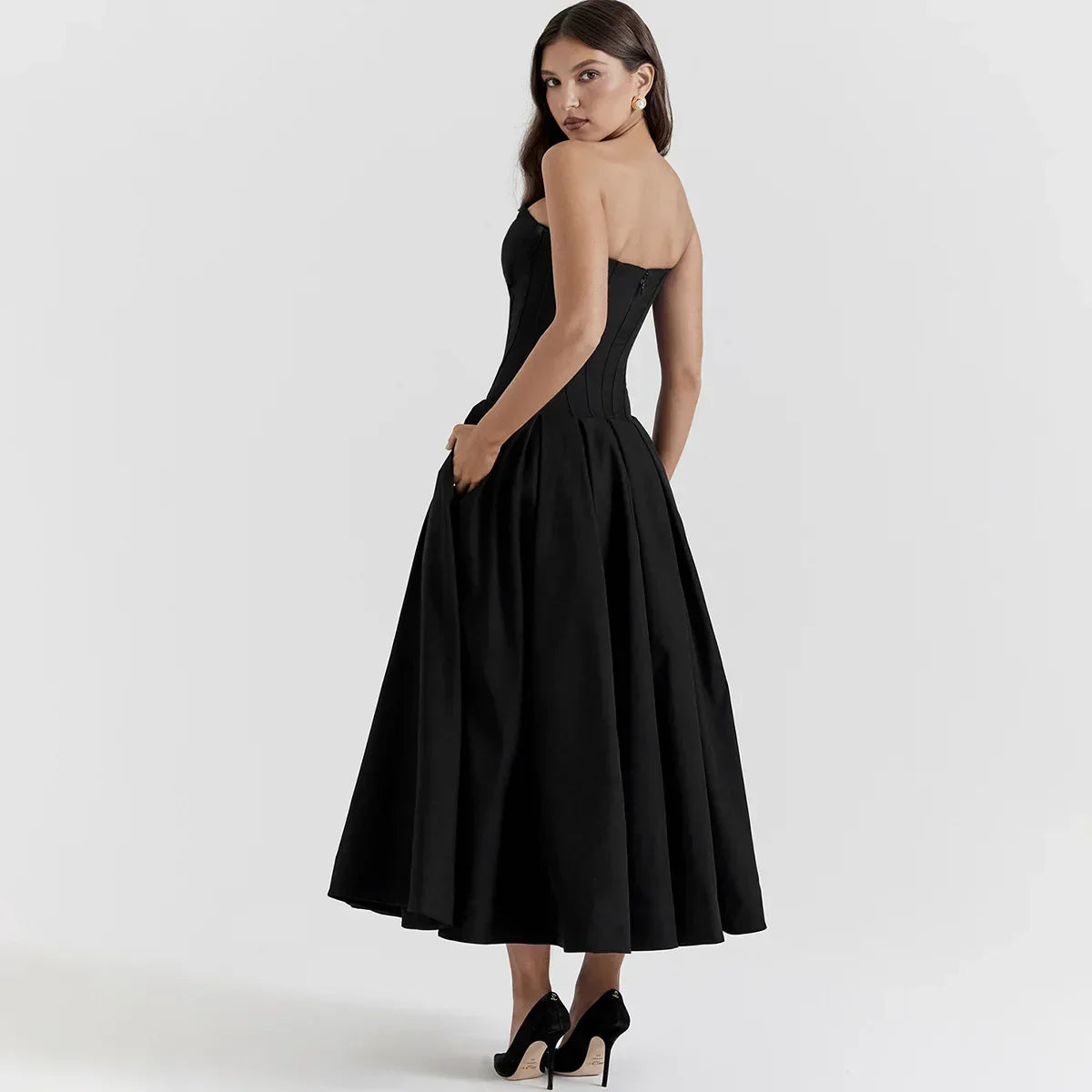 Plunge Black Corset Midi Dress