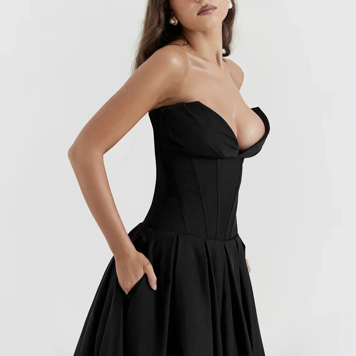 Plunge Black Corset Midi Dress