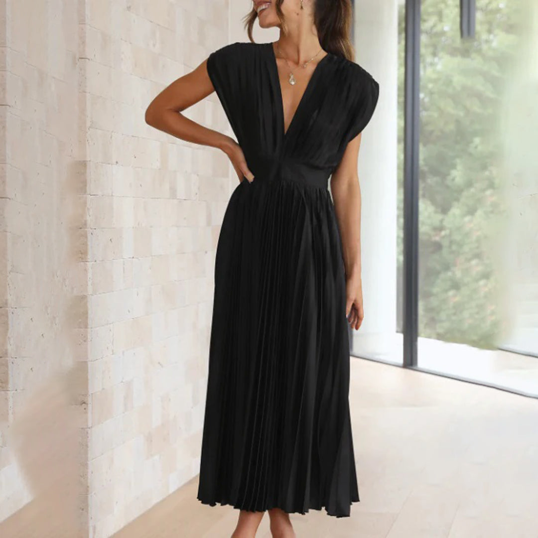 Mertxe Refined V-neck Pleated Maxi Dress for Women Sophisticated Look