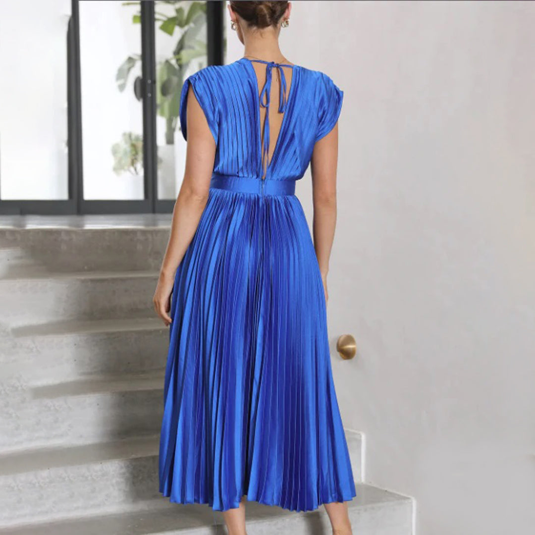 Mertxe Refined V-neck Pleated Maxi Dress for Women Sophisticated Look