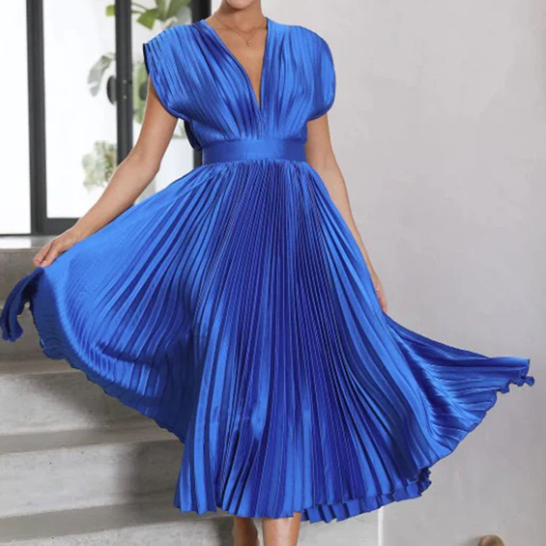 Mertxe Refined V-neck Pleated Maxi Dress for Women Sophisticated Look