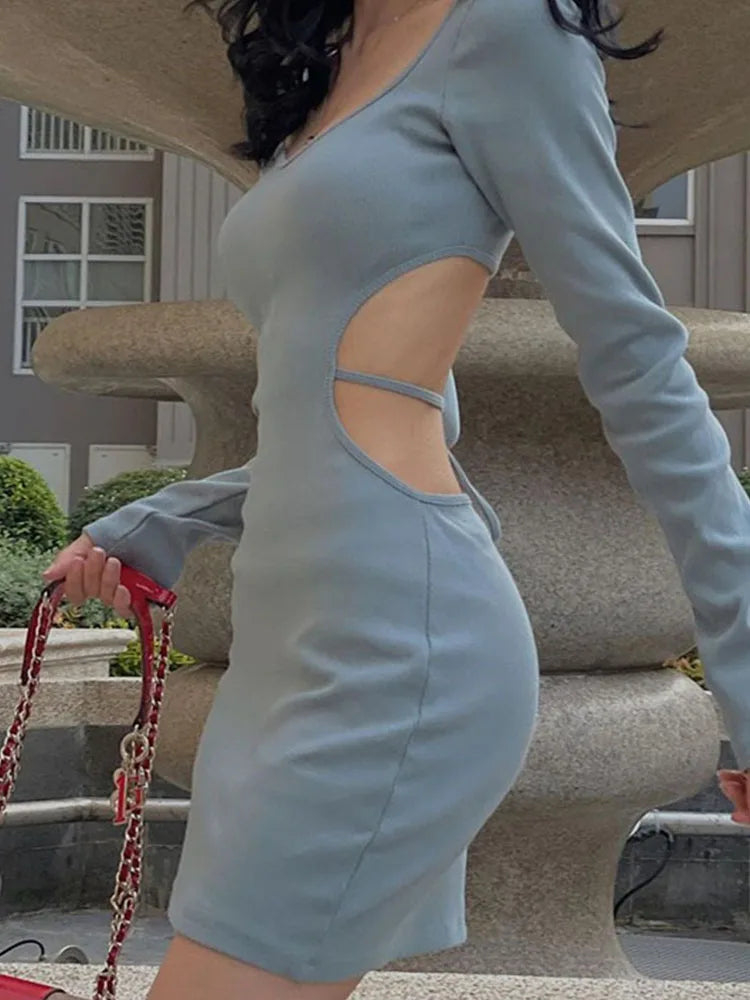 Fashion Blue Lace Up Backless V Neck Long Midi Dresses