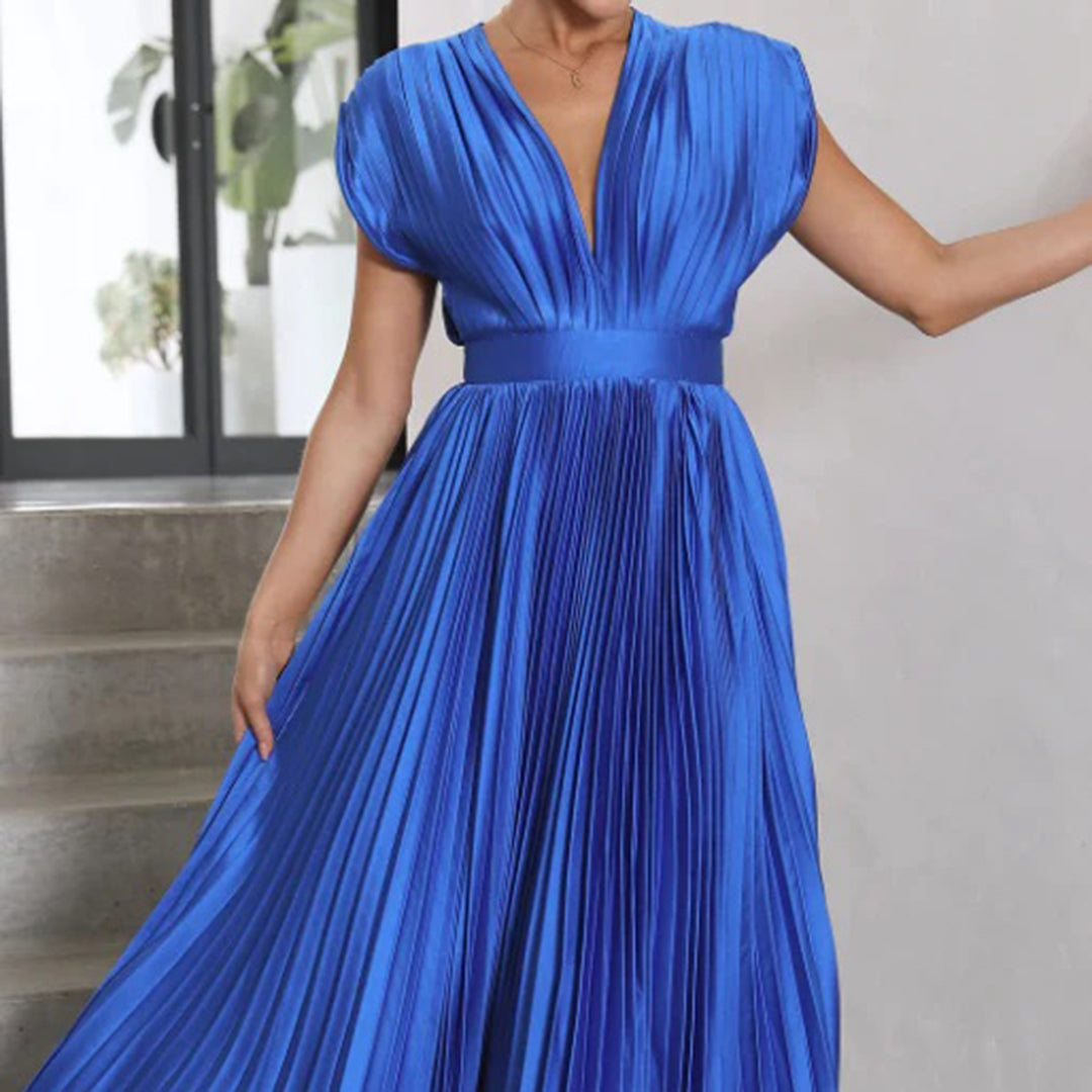 Mertxe Refined V-neck Pleated Maxi Dress for Women Sophisticated Look